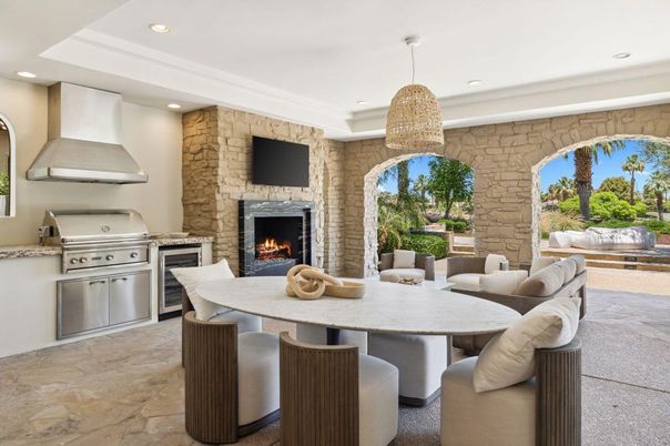 Dining room, Fireplace, Interior, Pendant Lights, Recessed Lighting, Stone Walls