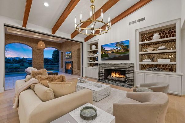 Chandelier, Fireplace, Interior, Living room, Recessed Lighting, Stone Walls, Wooden Beams, Wood Texture Flooring