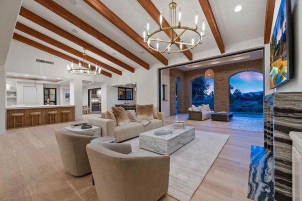 Chandelier, Interior, Living room, Pendant Lights, Recessed Lighting, Wooden Beams, Wood Texture Flooring