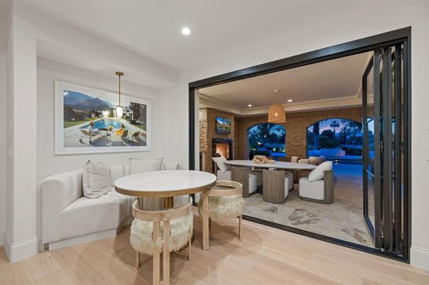 Dining room, Interior, Pendant Lights, Recessed Lighting, Stone Walls, Wood Texture Flooring