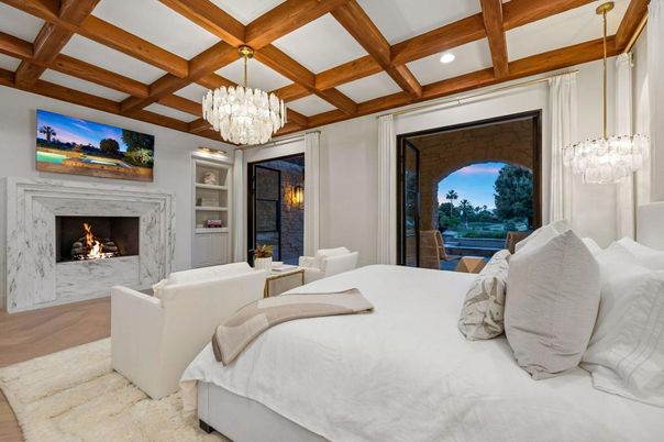 Bedroom, Chandelier, Fireplace, Interior, Recessed Lighting, Wooden Beams, Wood Texture Flooring