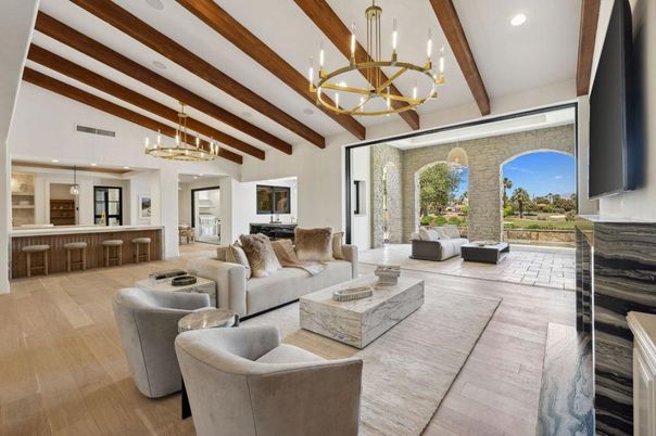 Chandelier, Interior, Living room, Pendant Lights, Recessed Lighting, Stone Walls, Wooden Beams, Wood Texture Flooring