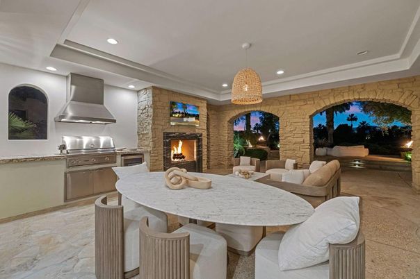 Dining room, Fireplace, Interior, Kitchen, Pendant Lights, Recessed Lighting, Stainless Steel Appliances, Stone Walls
