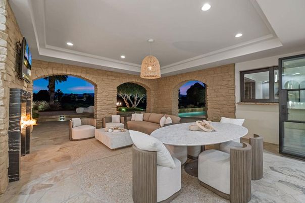 Dining room, Interior, Living room, Pendant Lights, Recessed Lighting, Stone Walls