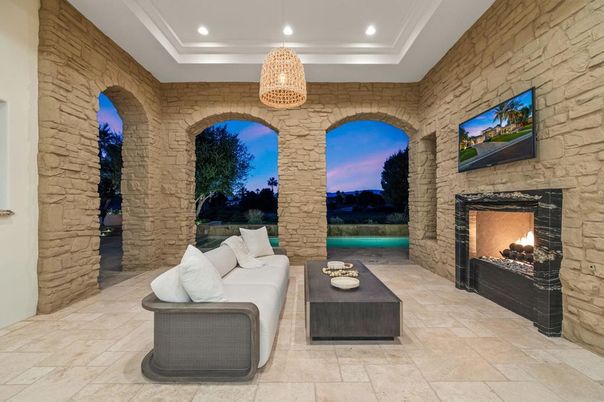 Fireplace, Interior, Living room, Recessed Lighting, Stone Walls