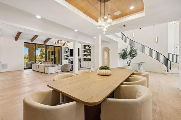 Chandelier, Dining room, Interior, Living room, Pendant Lights, Recessed Lighting, Wooden Beams, Wooden Ceilings, Wood Texture Flooring