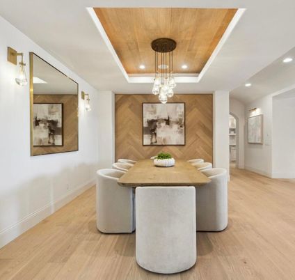 Dining room, Interior, Pendant Lights, Recessed Lighting, Wooden Ceilings, Wood Texture Flooring