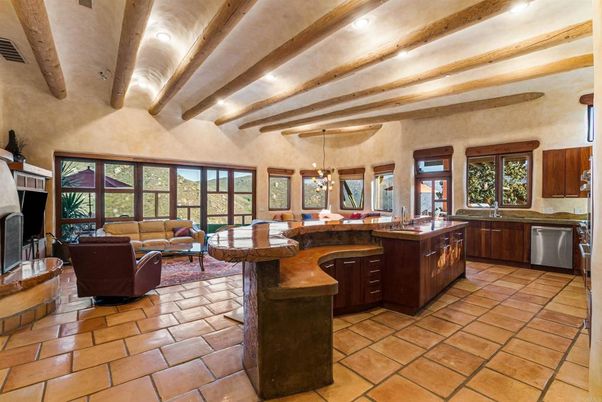 Fireplace, Interior, Kitchen, Living room, Pendant Lights, Recessed Lighting, Wooden Beams