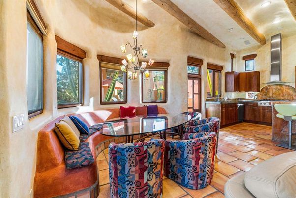 Chandelier, Dining room, Interior, Kitchen, Pendant Lights, Recessed Lighting, Stainless Steel Appliances, Wooden Beams