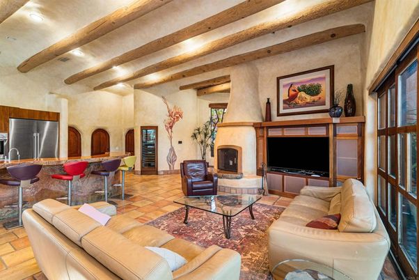 Fireplace, Interior, Living room, Recessed Lighting, Wooden Beams