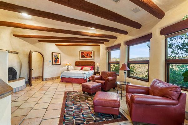 Bedroom, Fireplace, Interior, Living room, Recessed Lighting, Wooden Beams