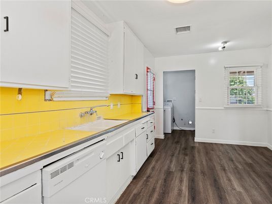Interior, Kitchen, Tile Countertops, Wood Texture Flooring