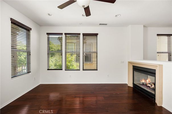 Empty room, Fireplace, Interior, Recessed Lighting, Wood Texture Flooring