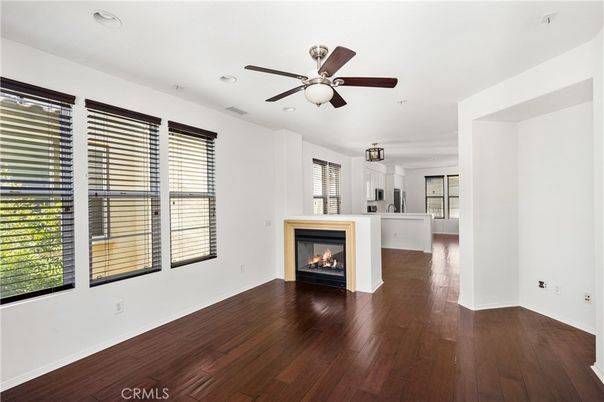 Empty room, Fireplace, Interior, Recessed Lighting, Wood Texture Flooring