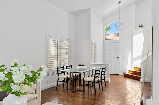 Dining room, Interior, Pendant Lights, Wood Texture Flooring