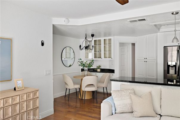 Dining room, Interior, Kitchen, Pendant Lights, Wood Texture Flooring