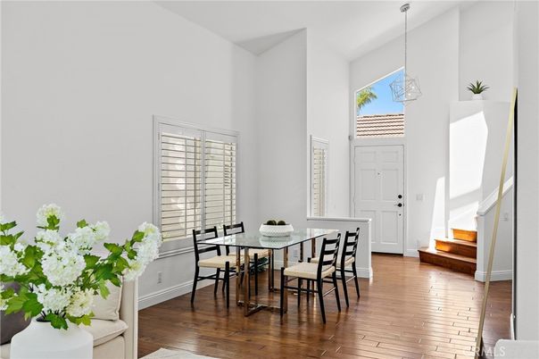 Dining room, Interior, Pendant Lights, Wood Texture Flooring