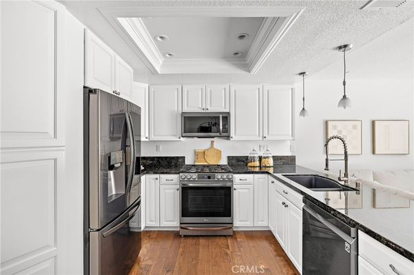 Interior, Kitchen, Pendant Lights, Recessed Lighting, Stainless Steel Appliances, Wood Texture Flooring