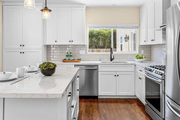 Interior, Kitchen, Pendant Lights, Recessed Lighting, Stainless Steel Appliances, Wood Texture Flooring