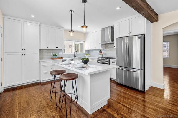 Interior, Kitchen, Pendant Lights, Recessed Lighting, Stainless Steel Appliances, Wooden Beams, Wood Texture Flooring