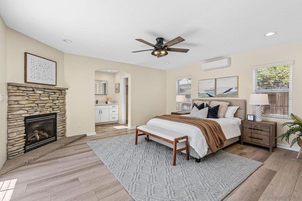 Bedroom, Fireplace, Interior, Recessed Lighting, Wood Texture Flooring