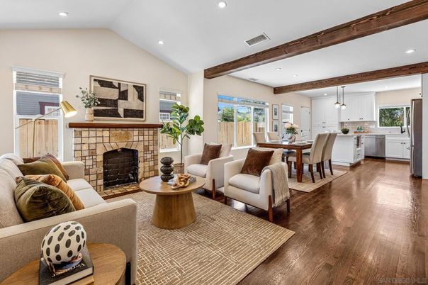 Dining room, Fireplace, Interior, Kitchen, Living room, Pendant Lights, Recessed Lighting, Stainless Steel Appliances, Wooden Beams, Wood Texture Flooring
