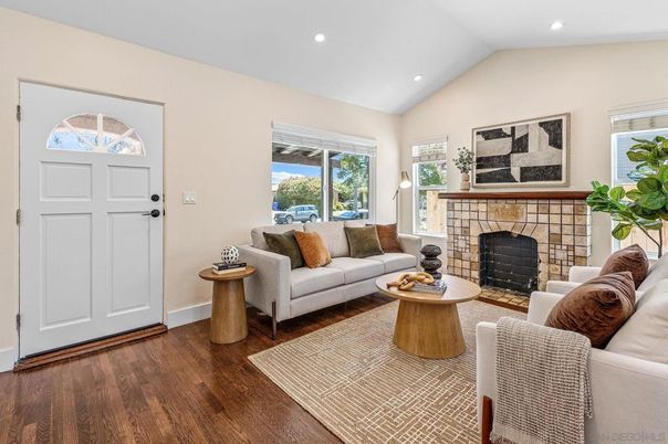 Fireplace, Interior, Living room, Recessed Lighting, Wood Texture Flooring