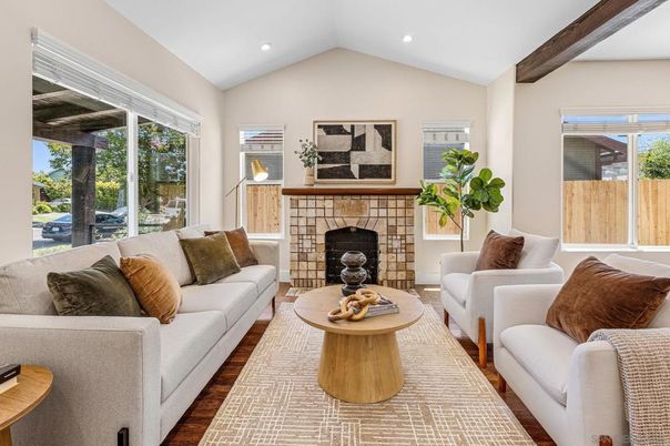 Fireplace, Interior, Living room, Recessed Lighting, Wooden Beams, Wood Texture Flooring