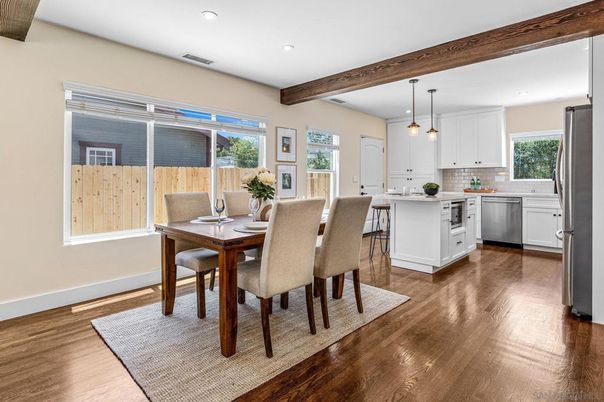 Dining room, Interior, Kitchen, Pendant Lights, Recessed Lighting, Wooden Beams, Wood Texture Flooring