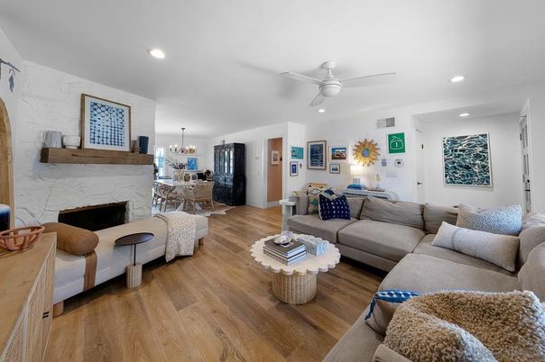 Chandelier, Dining room, Fireplace, Interior, Living room, Recessed Lighting, Wood Texture Flooring