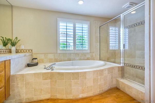 Bathroom, Glass Shower, Interior, Recessed Lighting, Wood Texture Flooring