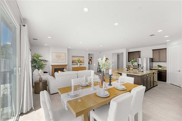 Dining room, Fireplace, Interior, Kitchen, Living room, Recessed Lighting, Stainless Steel Appliances
