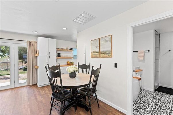 Dining room, Interior, Recessed Lighting, Wood Texture Flooring