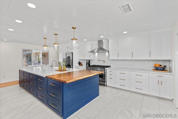 Interior, Kitchen, Marble, Pendant Lights, Recessed Lighting, Stainless Steel Appliances