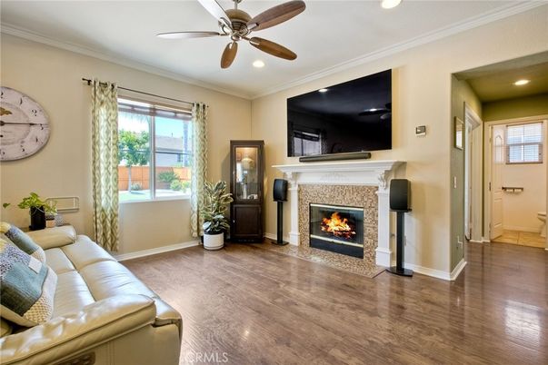 Fireplace, Interior, Living room, Recessed Lighting, Wood Texture Flooring