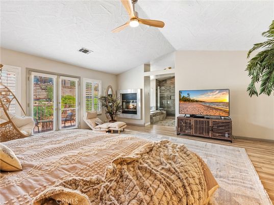 Bedroom, Fireplace, Interior, Wood Texture Flooring