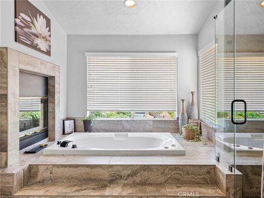 Bathroom, Fireplace, Glass Shower, Interior, Recessed Lighting