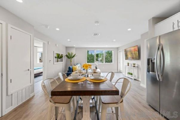 Dining room, Interior, Kitchen, Recessed Lighting, Stainless Steel Appliances, Wood Texture Flooring