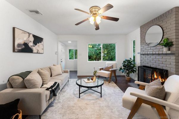 Fireplace, Interior, Living room, Recessed Lighting, Stone Walls, Wood Texture Flooring