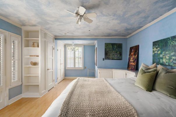 Bedroom, Chandelier, Interior, Wood Texture Flooring