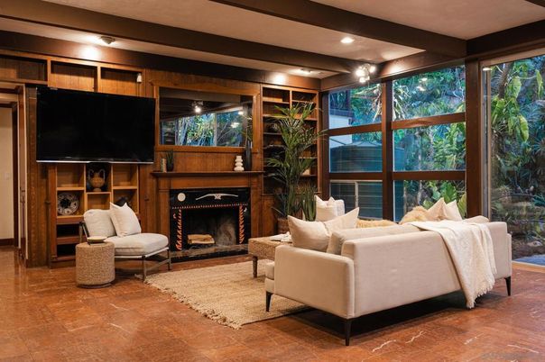 Fireplace, Interior, Living room, Recessed Lighting, Wooden Walls