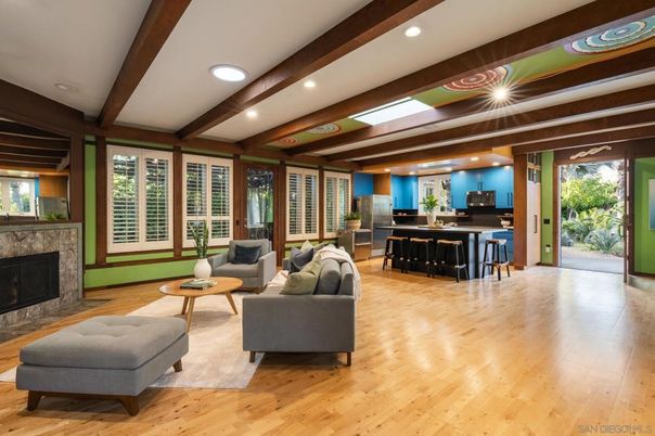 Dining room, Fireplace, Interior, Kitchen, Living room, Pendant Lights, Recessed Lighting, Wooden Beams, Wood Texture Flooring