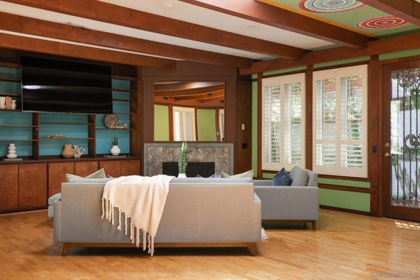 Fireplace, Interior, Living room, Recessed Lighting, Wooden Beams, Wood Texture Flooring