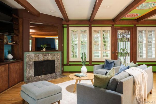 Fireplace, Interior, Living room, Recessed Lighting, Wooden Beams, Wood Texture Flooring