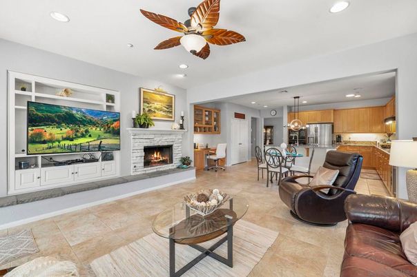 Dining room, Fireplace, Interior, Kitchen, Living room, Pendant Lights, Recessed Lighting, Stainless Steel Appliances