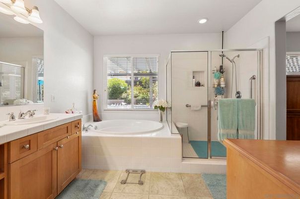 Bathroom, Dual Sink Vanities, Glass Shower, Interior, Recessed Lighting, Tile Countertops