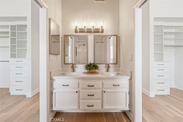 Bathroom, Dual Sink Vanities, Interior, Walk-in Closets, Wood Texture Flooring