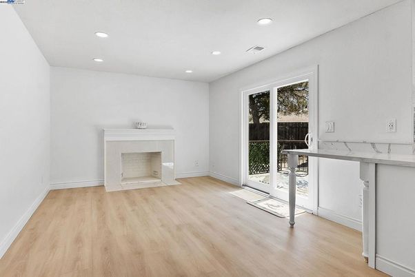 Empty room, Fireplace, Interior, Recessed Lighting, Wood Texture Flooring