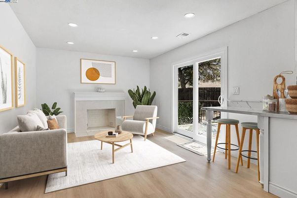 Fireplace, Interior, Living room, Recessed Lighting, Wood Texture Flooring