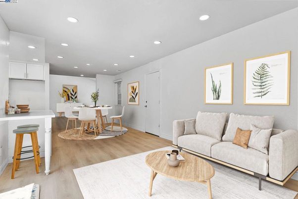 Dining room, Interior, Living room, Recessed Lighting, Wood Texture Flooring